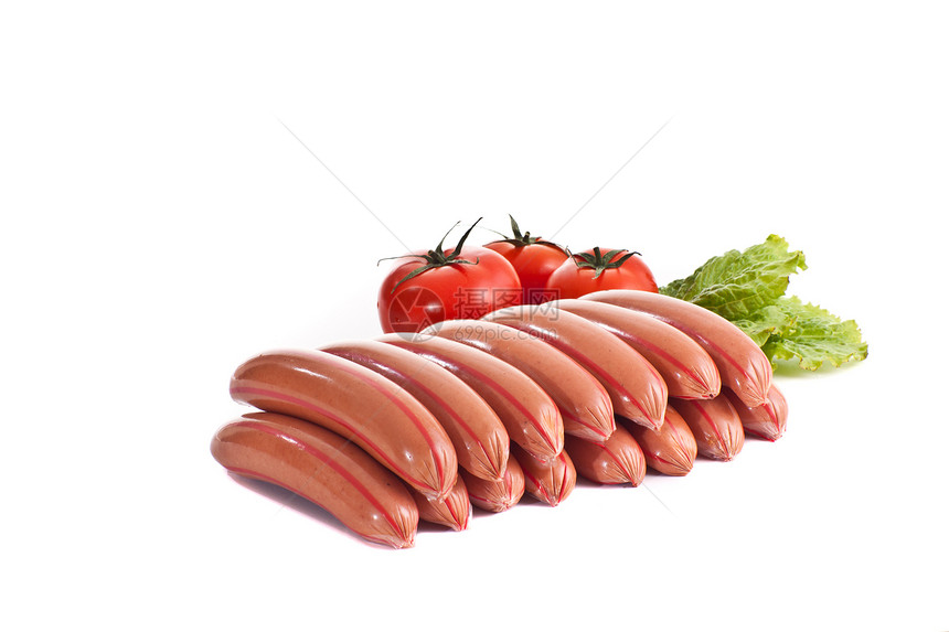 加番茄和沙拉的香肠小吃猪肉手指早餐男性牛肉美食香料产品食物图片
