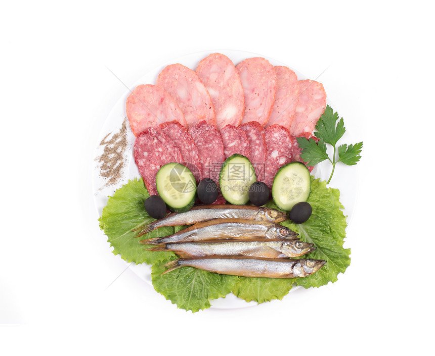 香肠和炒鱼猪肉皮肤腌鱼早餐食物火腿美食治愈沙拉熏制图片