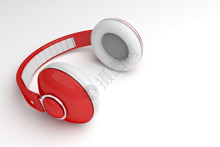 无线耳机红色塑料打碟机音响白色灰色工作室记录技术娱乐背景图片