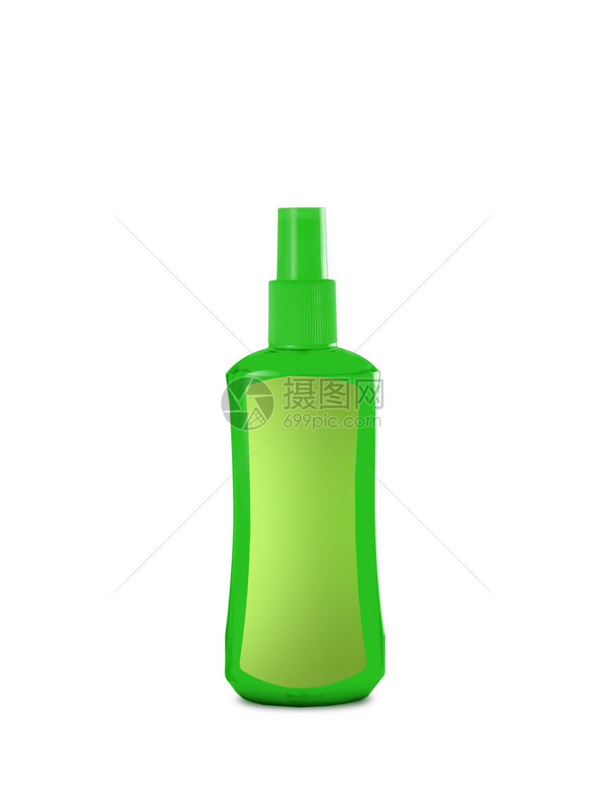 在白色背景上隔离的绿色化妆品瓶淋浴产品浴室泡沫皮肤护发素洗剂洗澡凝胶塑料图片