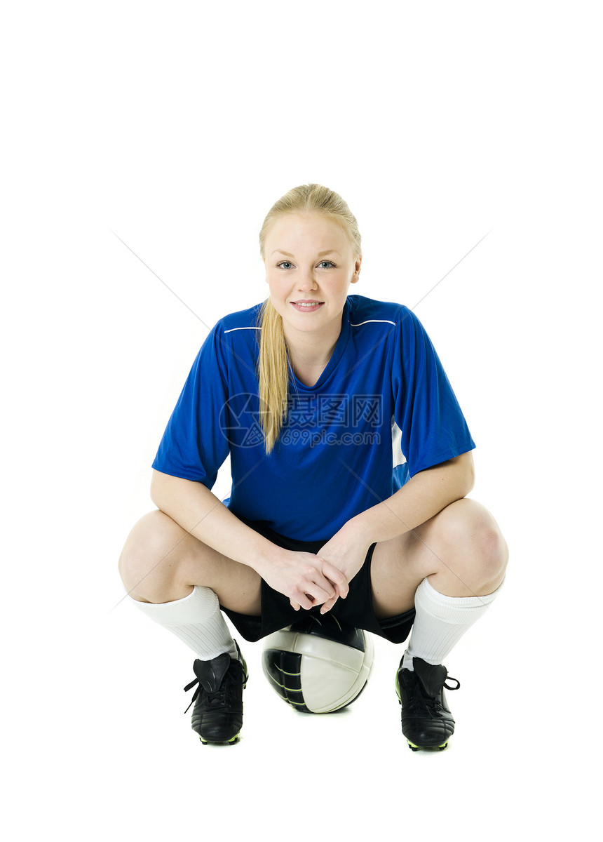 女足球员竞赛蓝衬衫快乐体育白色短裤享受微笑成人运动图片