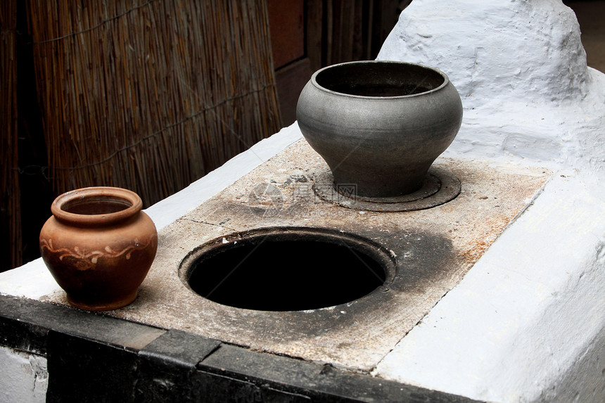 俄罗斯老旧炉灶和在烤炉中做饭的金属锅图片