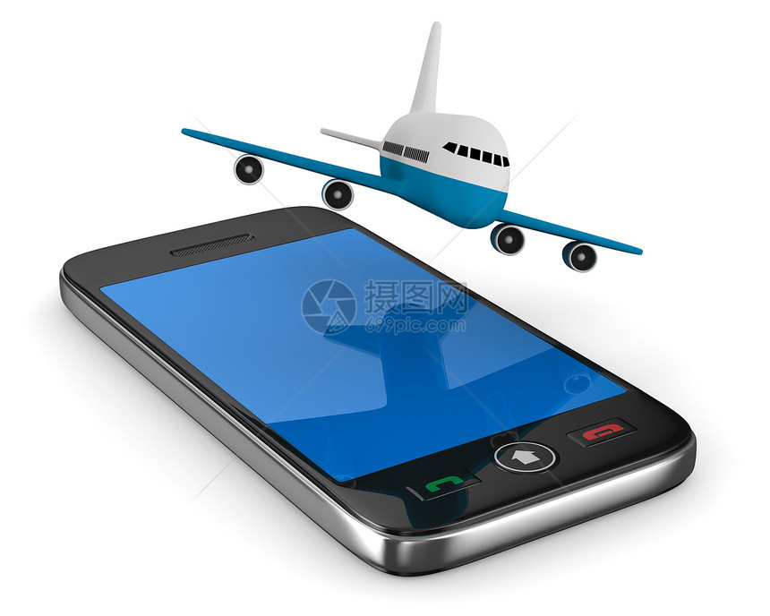 白色背景上的电话和飞机 孤立的 3D 图像图片
