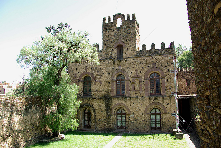 埃塞俄比亚的城堡院子大厦庭院建筑学历史性堡垒石头据点垛口墙壁图片