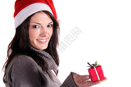 圣诞快乐惊喜展示时候女士黑发小鸡白色礼物少年女孩背景图片