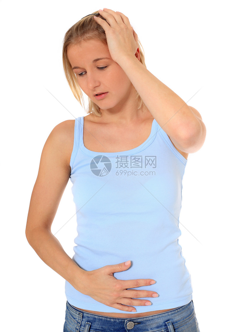 女人感觉不舒服腹部女士头痛症状腹痛医学流感女性偏头痛女孩图片