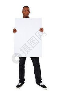 持有空白标志的男子白色青年深色黑色男性符号皮肤黑人微笑商业背景图片