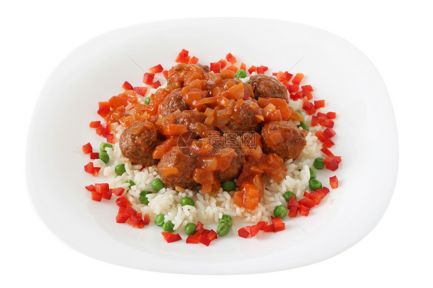 肉丸和大米洋葱盘子油炸白色红色猪肉午餐食物胡椒图片