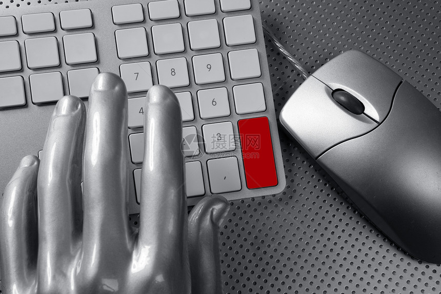 计算机键盘鼠标银手未来木板电脑钥匙机器人替代品宏观老鼠硬件笔记本工作图片