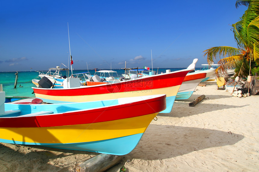 沙滩上富彩多彩的热带船只树木海岸血管旅行港口异国地标海洋天空拉丁图片