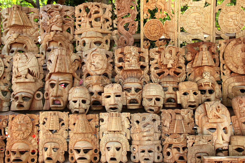 墨西哥手工手工艺品脸部的马雅木面罩面具手工工匠精神传统雕刻宗教木头古董手势图片