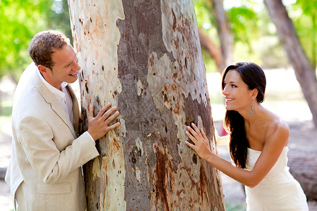 情侣在爱中快乐 在树干里玩丈夫婚姻女性婚礼新娘幸福恋人森林妻子女士裙子高清图片素材