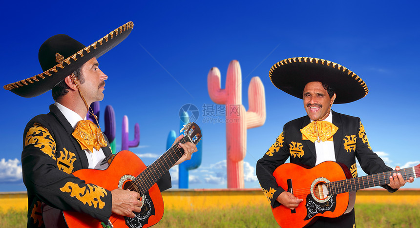 在仙人掌中弹吉他墨西哥马里亚奇加罗幸福乐器大男子刺绣吉他乐队歌手快乐胡子边帽图片
