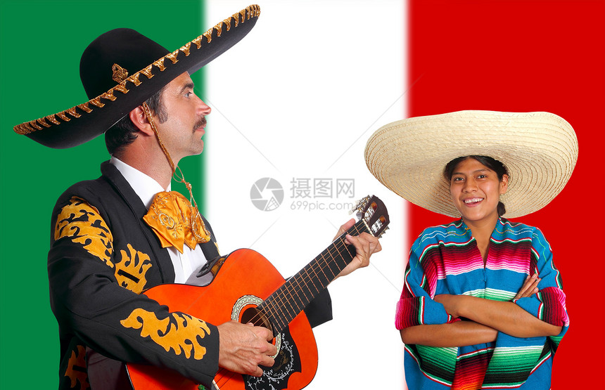 墨西哥马里亚奇加罗男人和墨西哥女孩男性歌手乐队刮刀胡子主义衣服戏服吉他女士图片