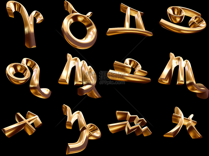 黄金中3DZodiac的12个迹象新年星座金属八字插图癌症财富收藏图片