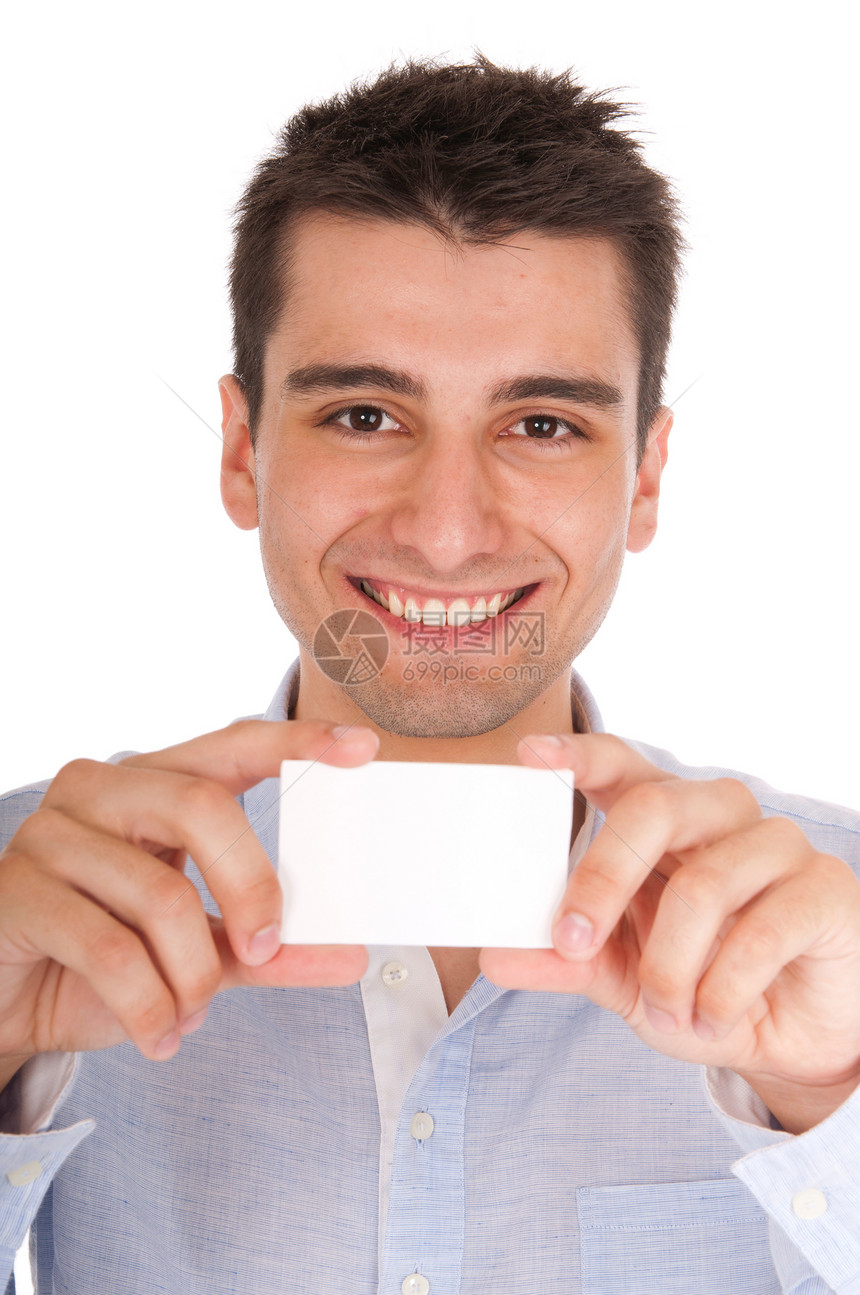 持持证男子纸板白色成人微笑男性卡片广告空白工作问候图片