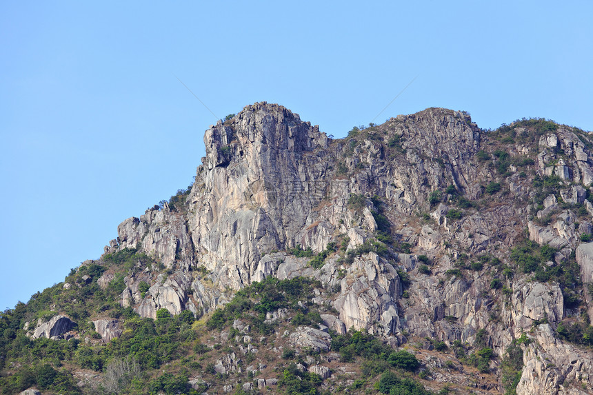 香港的狮子石地标晴天城市绿色爬坡岩石天空蓝色狮子头脑图片