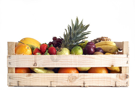 水果木箱各种各样的有机的高清图片