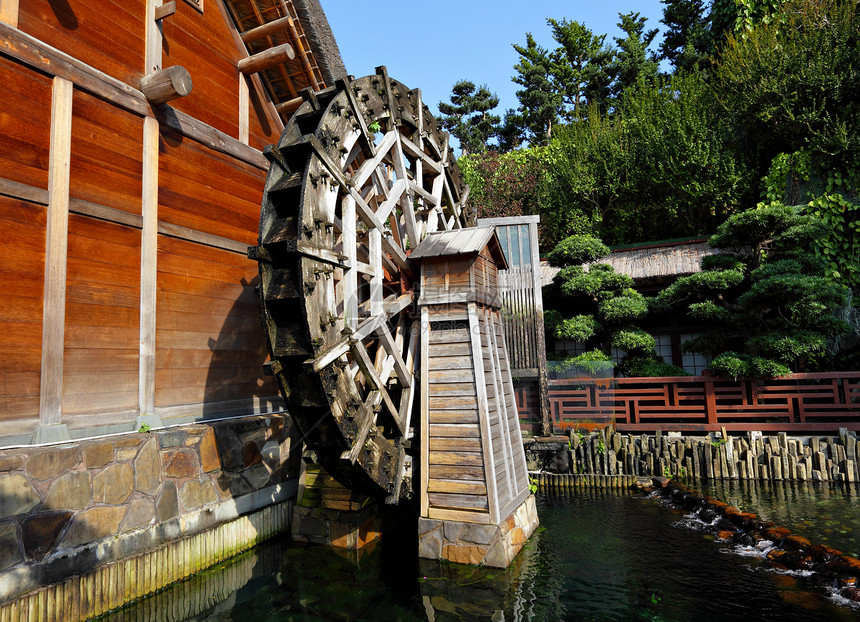 木制水轮花园车轮旅游木头建筑学石头水车历史性城市房子图片