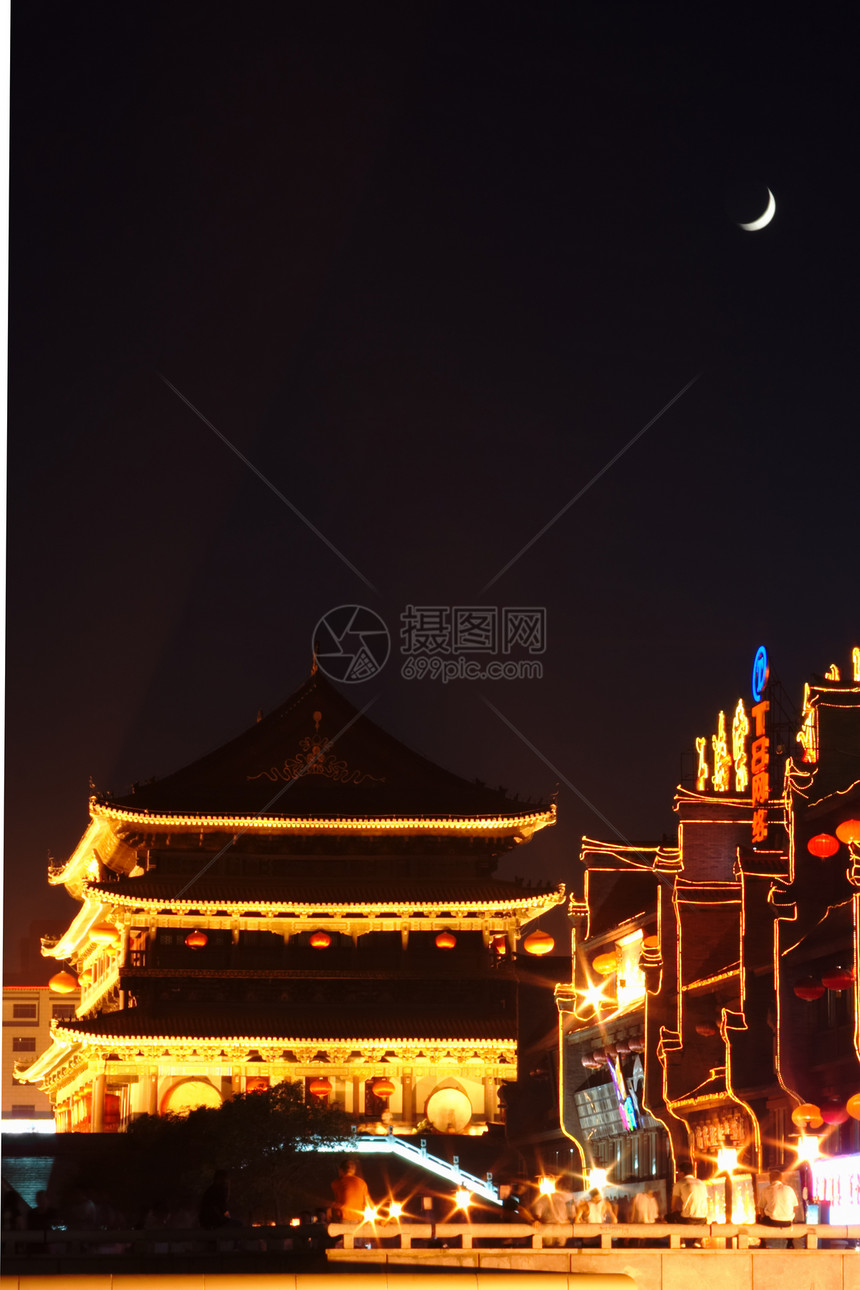 夜里鼓塔 中国习安帝国文化历史纪念碑建筑宝塔月亮月光旅行寺庙图片