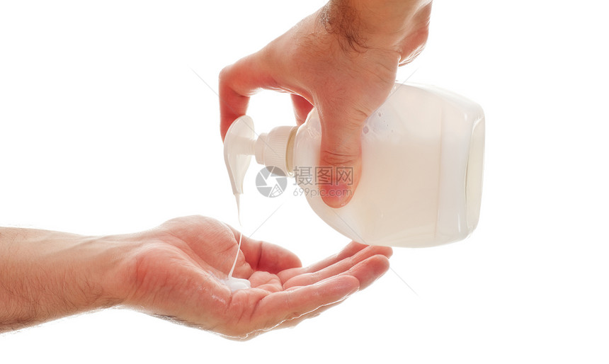 用液肥皂洗手打扫白色肌肉男人手掌男性手指拉伸液体粉色图片