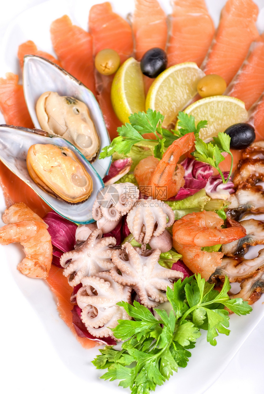海食沙拉贝类对虾螃蟹宏观小吃树叶美食章鱼牡蛎乌贼图片