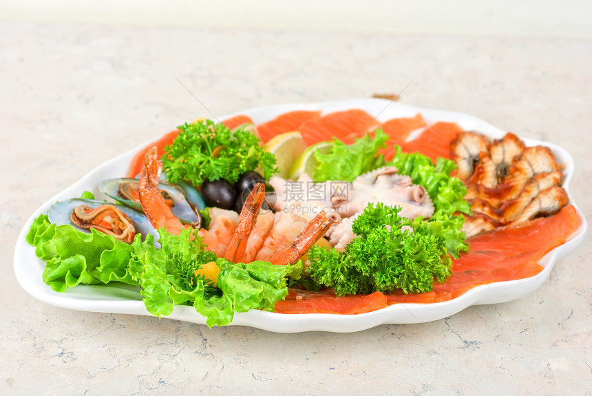 整套海食食品午餐海鲜乌贼牡蛎蔬菜营养沙拉美食胡椒盘子图片