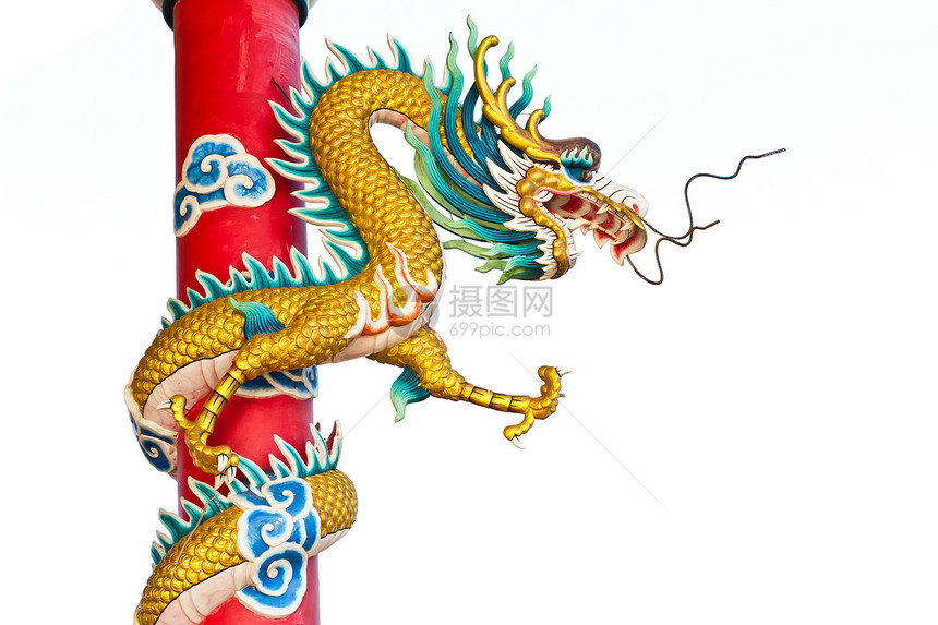中国寺庙的龙雕像祷告雕塑动物装饰品小路建筑学传统文化蓝色天空图片