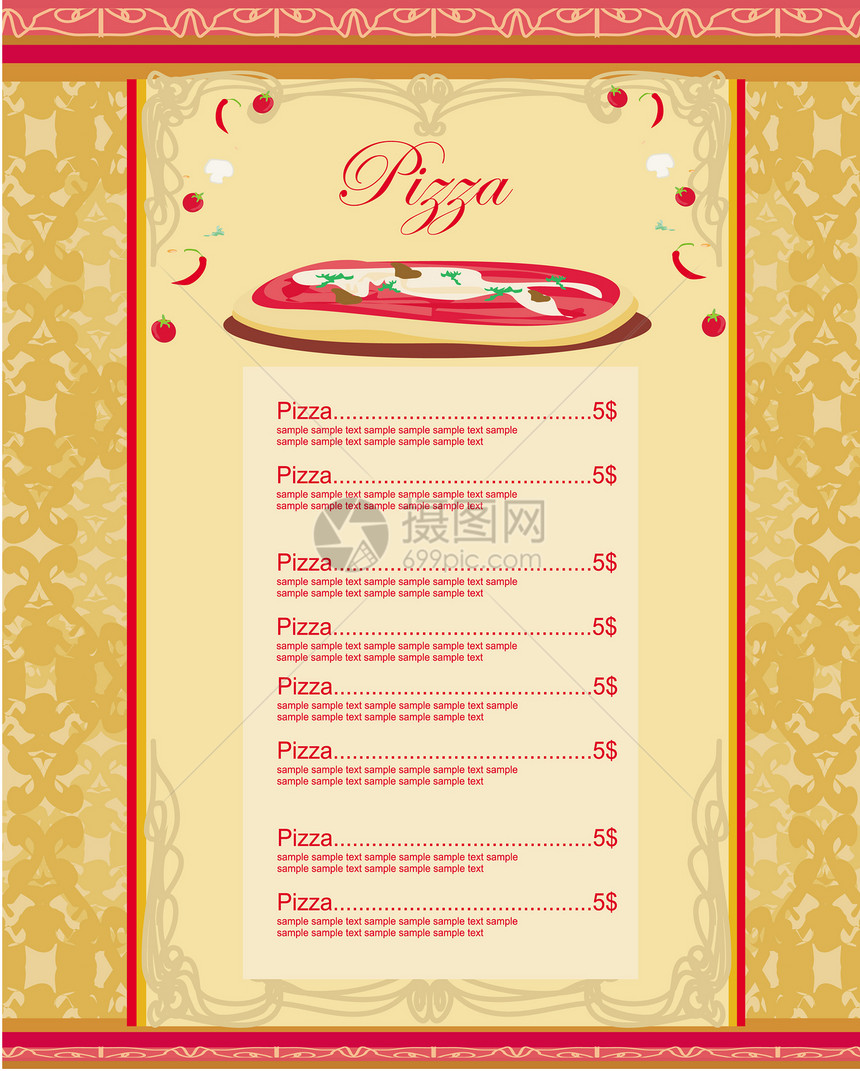 Pizza 菜单模板烹饪盘子厨房午餐餐厅装饰品插图框架茶点商业图片