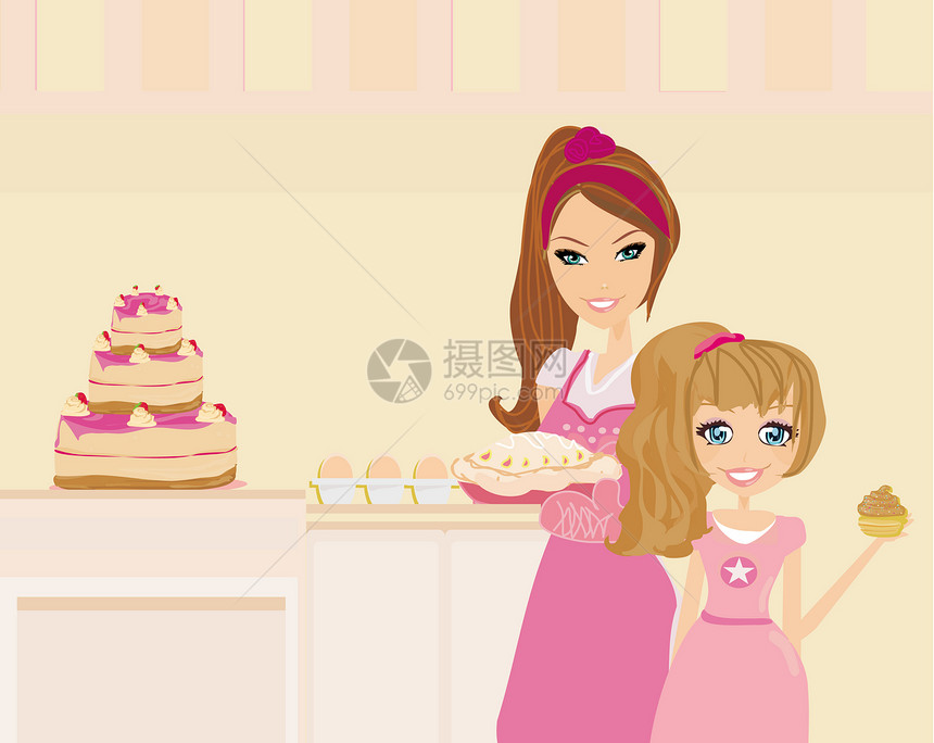 开心妈妈帮女儿在厨房做饭的幸福母亲厨师午餐食物生活烹饪蛋糕美食插图快乐女性图片