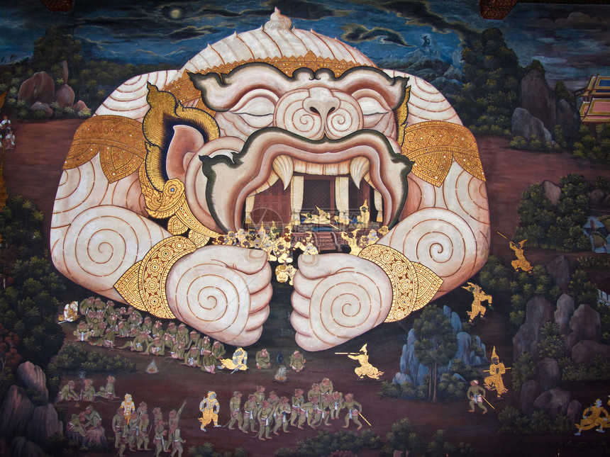 古老的泰国传统艺术绘画 在寺庙作为背景古董叶子手指孔雀宗教旅游建筑学金子风格历史图片