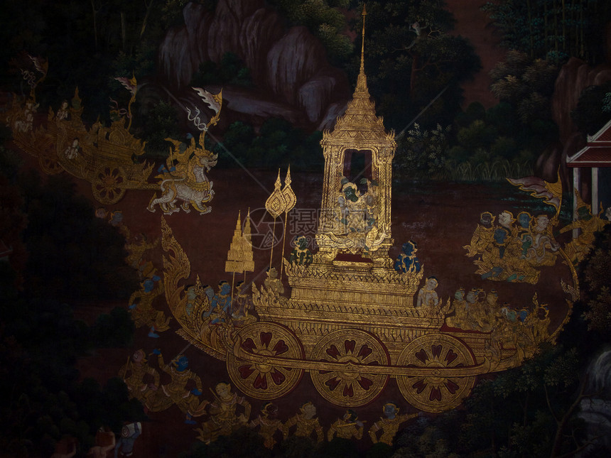 古老的泰国传统艺术绘画 在寺庙上文化叶子历史装饰装饰品金子建筑学古董植物手指图片