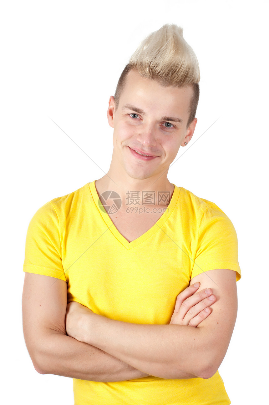 英俊男人的肖像成功幸福头饰黄色成人快乐发型生活白色工作室图片