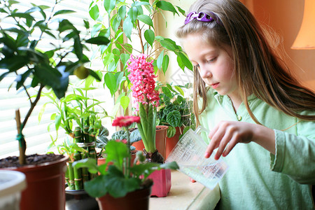关心植物花园童年女性园艺孩子生长粉色叶子花瓣女孩高清图片素材
