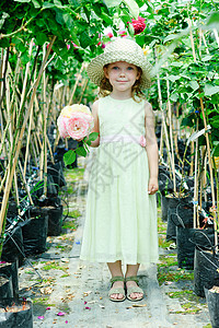 小美丽孩子叶子粉色植物玫瑰园艺绿色女孩女性花园夏天高清图片素材