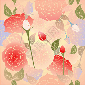 玫瑰和无缝模式花朵黄色粉色绿色纺织品墙纸背景图片