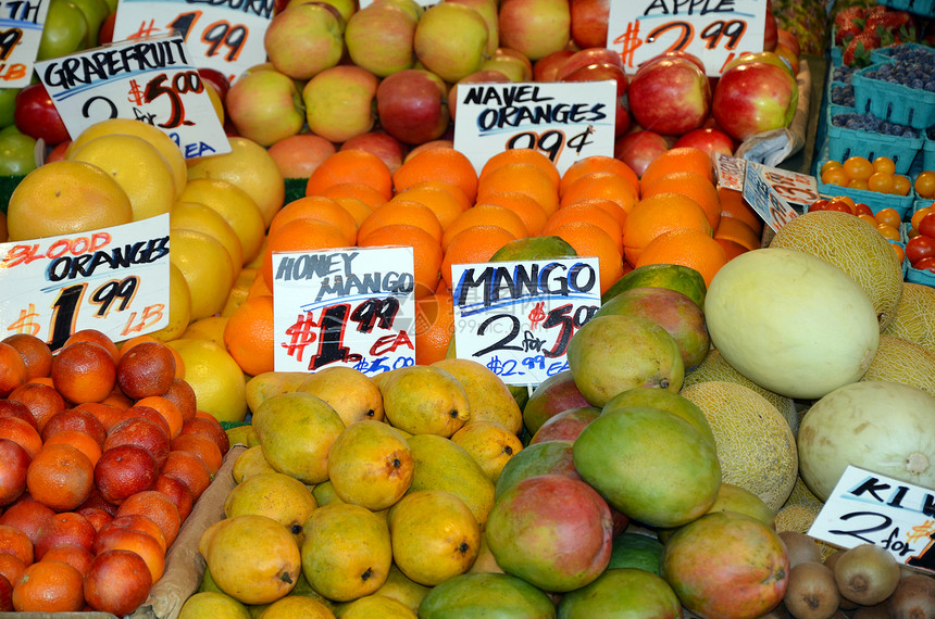 果果架杂货店橘子红色甜瓜绿色柚子生产黄色水果市场图片