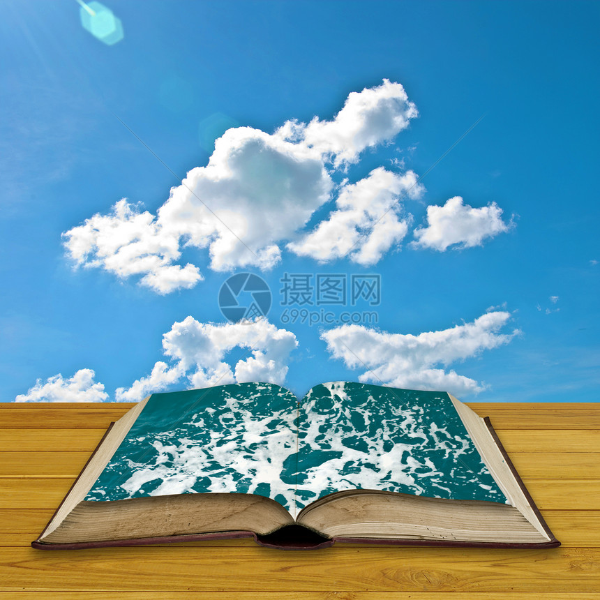 向海洋开放书书架桌子海浪地面蓝天图书泡沫知识气泡娱乐图片