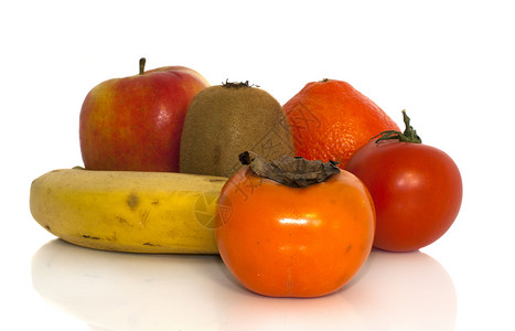 水果苹果豆番茄等绿色香蕉奇异果食物橙子健康饮食红色黄色白色背景图片