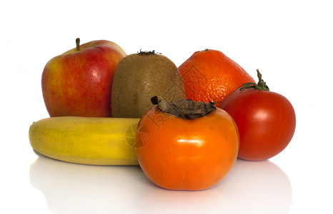 水果苹果豆番茄等红色黄色橙子健康绿色饮食奇异果食物白色香蕉背景图片