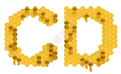 蜜蜂字体 C和 D 字母孤立细胞液体六边形食物蜂蜜流动梳子字符荒野金子背景图片