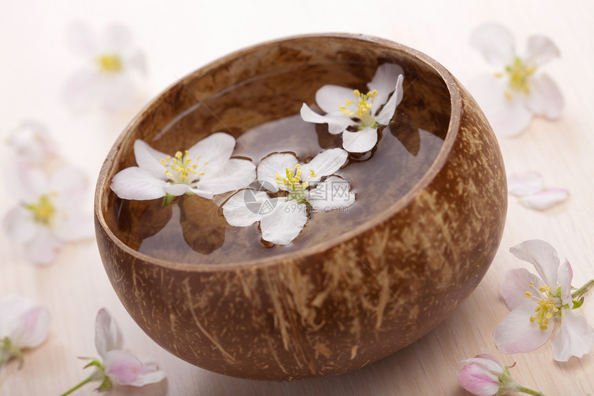 白花在碗中的水壶中疗法草本温泉花瓣香气叶子白色芳香风格治疗图片
