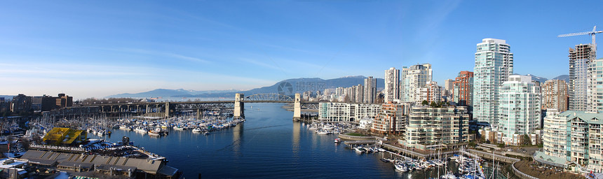 温哥华全景蓝色景观摩天大楼港口旅行码头水路晴天天空公寓图片