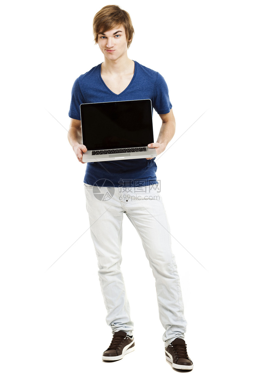 带笔记本电脑的人工作室蓝色学生青少年男生金发成人男性身体技术图片
