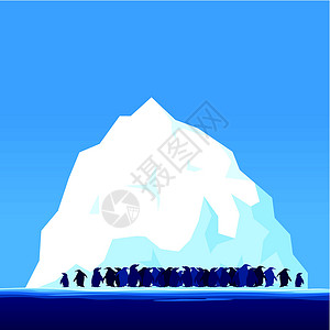 企鹅在冰河上插图冰山动物群海洋冰川天空蓝色背景图片