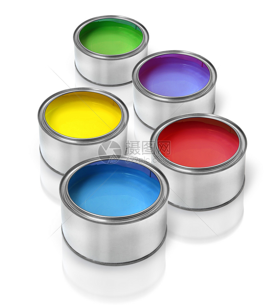 Cmyk 油漆罐罐白色金属红色绿色蓝色黄色紫丁香图片