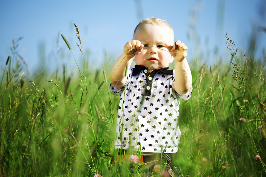 青草中的男孩金发木头植物天空乐趣生活幸福衬衫微笑孩子图片