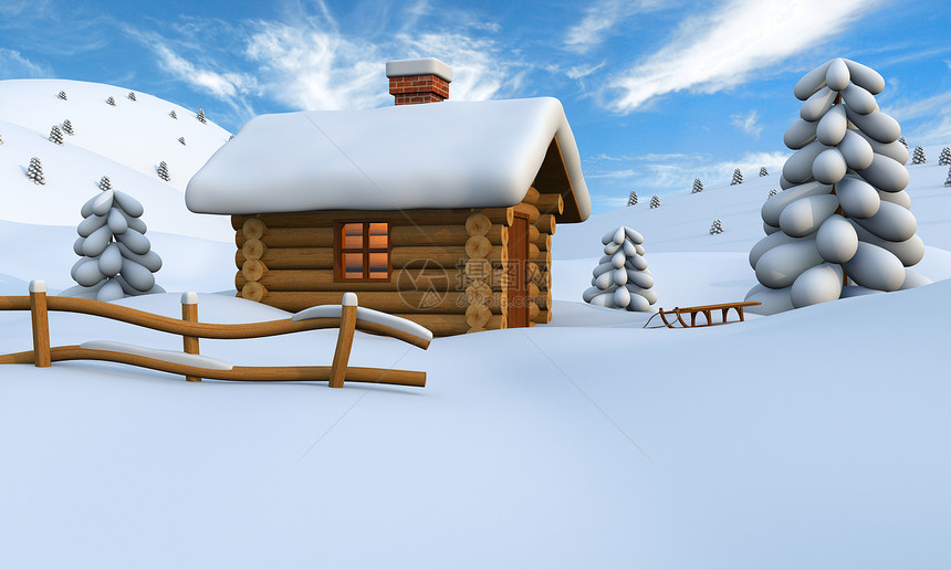 雪中的原木小屋图片