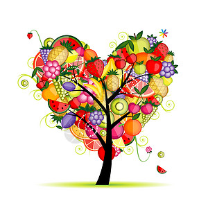 来一颗柠檬用于设计设计的能源果树心脏形状活力营养覆盆子李子蝴蝶甜点水果菠萝树干艺术插画