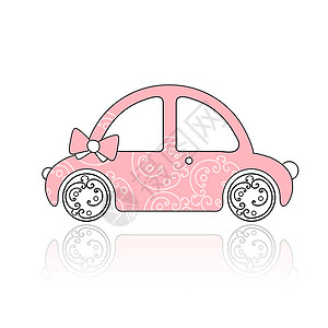 汽车外饰粉红女性汽车 配有用于设计设计的花花饰装饰品插画